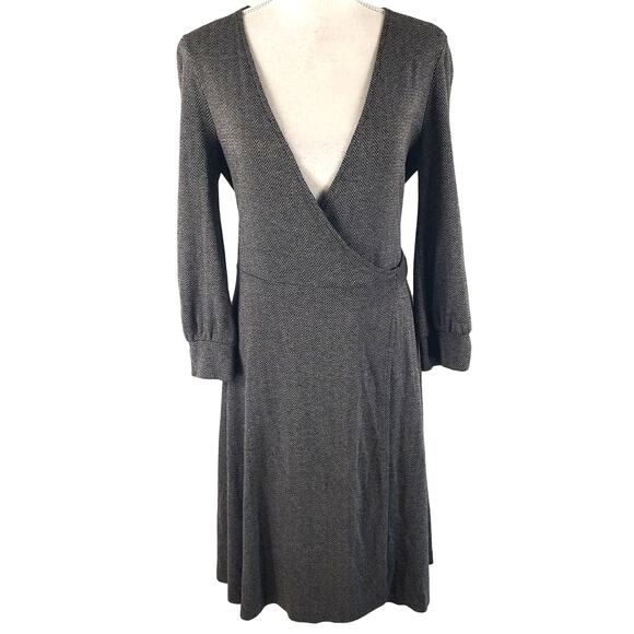 Banana Republic Gray Herringbone Tie Wrap Deep Surplice V-Neck Stretch Dress XS - Picture 1 of 13